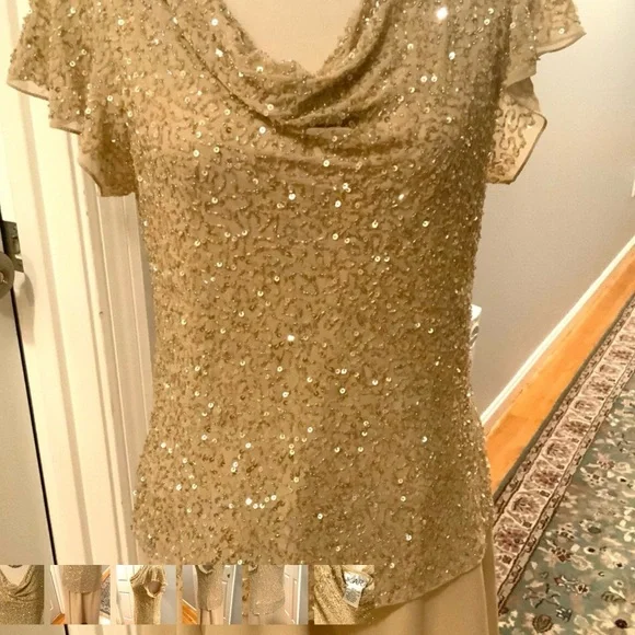 ♥️Lovely J Kara Gold Sequin Maxi Dress. Light gold/beige color. Size 12 - Picture 2 of 9